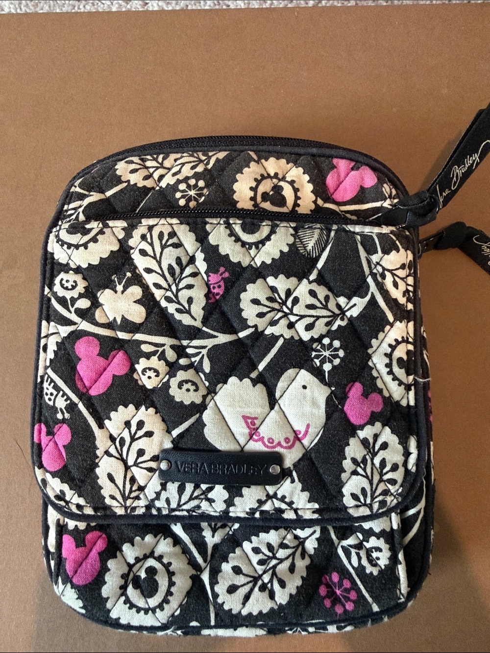 Vera Bradley Black Quilted Disney crossbody with Pink & Cream Floral Motif